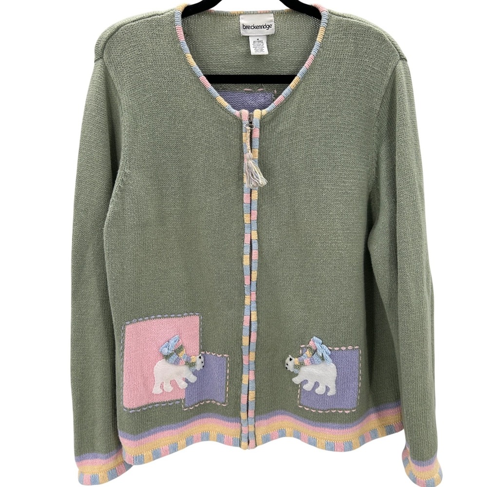 VTG Breckenridge Green‎ Polar Bear Zip Up Cardigan Sweater Sz Medium Grandmacore